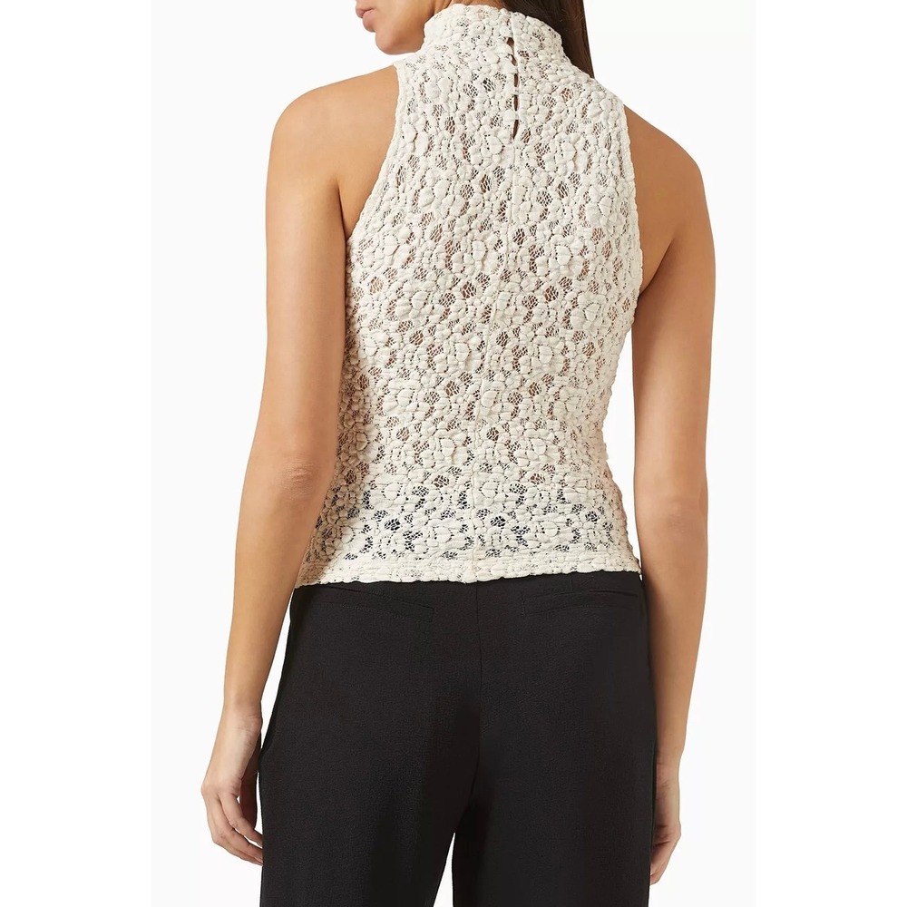 ENZA COSTA Puckered Lace Sleeveless Mockneck Top Women Medium Cream Sheer Luxury - Picture 2 of 12